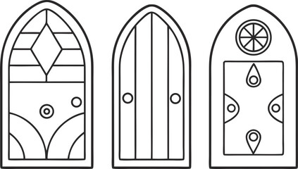 Three gothic arched doors medieval entrance with decorative elements line art illustration for coloring book