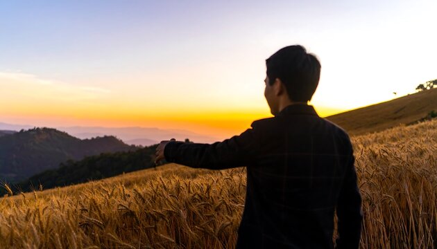 Person gazing at a golden sunset over a mountain range