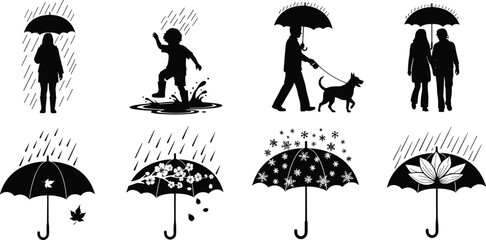 Umbrella and rain silhouette set, rainy weather vector, people and umbrellas clipart, monsoon season illustration, black seasonal design
