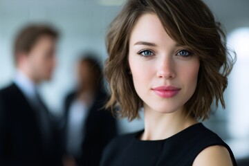 Fototapeta premium Young businesswoman facing camera confidently, female leadership in corporate setting