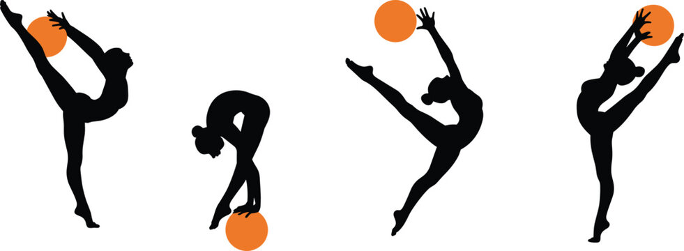 Graceful rhythmic gymnasts performing with orange balls, silhouette athletes in motion, flexibility and balance in artistic gymnastics poses.
