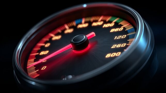 Speedometer with Dynamic Lighting: A close-up shot of a detailed car speedometer illuminated with vibrant light, indicating a thrilling sense of velocity and acceleration.