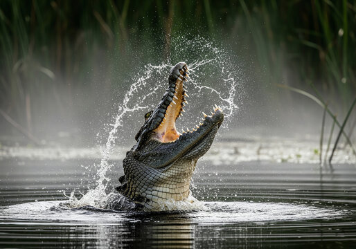 Crocodile with its mouth wide open splashing water while hunting in a swamp - Powered by Adobe