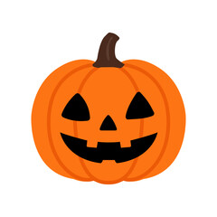 Vector illustration of a Halloween pumpkin jack-o’-lantern with a carved smiling face on a gray background. Bright orange pumpkin design perfect for Halloween party decoration, spooky posters, seasona