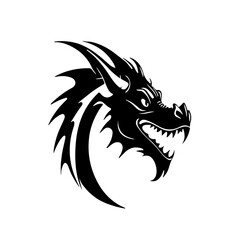 Vector illustration of a fierce dragon head in black and white minimalist style. Perfect for tattoo design, fantasy logo, mascot, emblem, or decorative artwork.