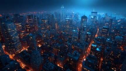 Obraz premium Night Skyline's Lit Pathways: An expansive, high-angle view showcases a bustling city, its towering skyscrapers pierced by illuminated pathways as the night descends.