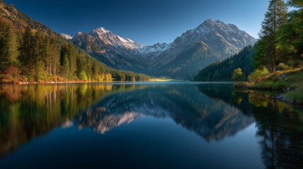 Mirror Lake and Majestic Mountains: A pristine mountain lake reflects towering peaks and lush forest, capturing a scene of serene beauty and breathtaking natural splendor. 