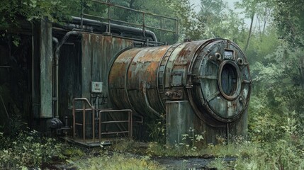Rusty industrial structure in overgrown forest