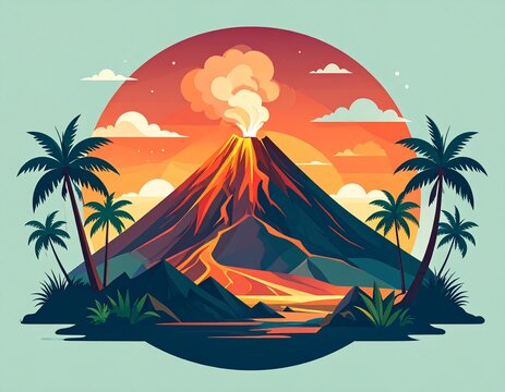Vibrant graphic illustration of a majestic volcano erupting with flowing lava on a tropical island during a dramatic sunset