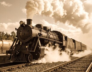 Obraz premium Vintage Steam Train with Smoke on Railway Track