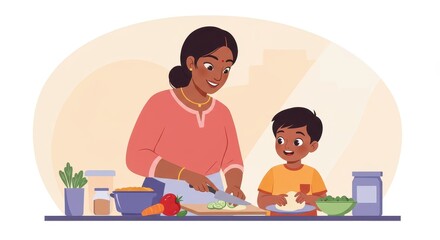 A mother and son are collaboratively preparing a meal in a cheerful kitchen setting, filled with fresh vegetables and vibrant colors.