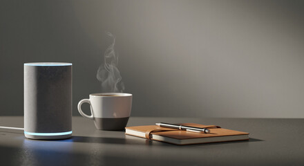AI assistant smart speaker with hot coffee and notepad on table.  Smart device provides voice assistance and text input options.  Work from home concept with digital assistant and coffee break.