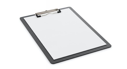 Black clipboard with blank white paper, isolated on a clean white background. Perfect for notes, documents, and mockups.