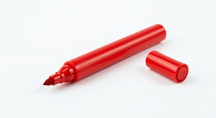Bright Red Marker Pen with Cap Removed, Isolated on Clean White Background