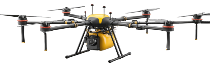 Autonomous drone with a yellow tank for spraying