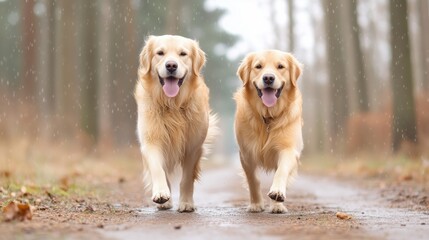 Obraz premium two golden retriever dogs walking in the forest in the rain