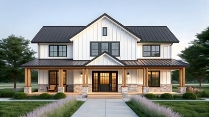 Modern farmhouse architecture with white siding and stone accents