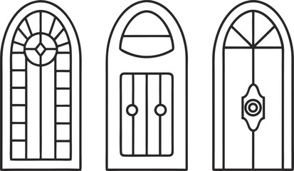 Three arched doors with different designs, showcasing architectural diversity and vintage charm in a simple line drawing