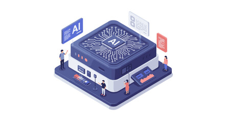 Isometric ai chip concept with people interacting in a digital environment