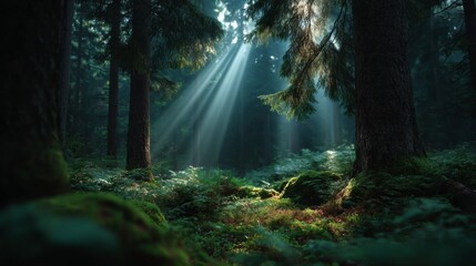Obraz premium Sunlight Forest: Capturing the mystical beauty of a sun-dappled forest, where beams of light pierce through the canopy. This image evokes a sense of wonder and tranquility.