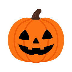 Vector illustration of a Halloween pumpkin jack-o’-lantern with a carved smiling face on a gray background. Bright orange pumpkin design perfect for Halloween party decoration, spooky posters, seasona