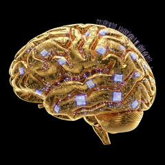Fototapeta premium anatomically correct brain model in pure gold, integrated circuit board texture, quantum computing elements, synapses as fiber optic cables, matte black void background, scientific . Generative AI.