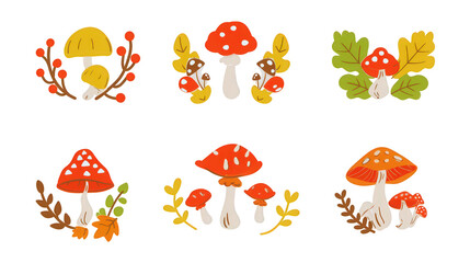 Cute fall mushroom illustration set with woodland