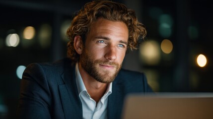 Concentrated Corporate Confidence: A portrait of a focused and determined professional, illuminated by the soft glow of a computer screen against the atmospheric backdrop of a modern workspace. 