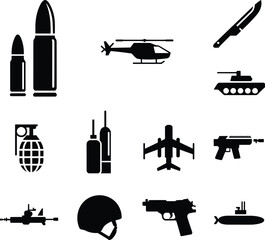 Black and white military icons set, featuring bullets, grenade, jet fighter, and missile rocket, isolated vector illustration on white