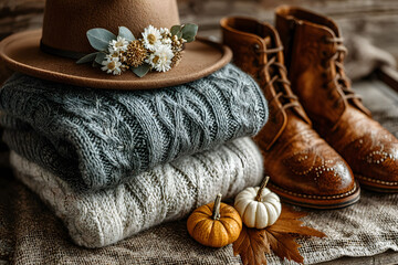 Fototapeta premium Cozy Autumn Outfit with Knitwear, Leather Boots, and Seasonal Decor for Fall Fashion Inspiration