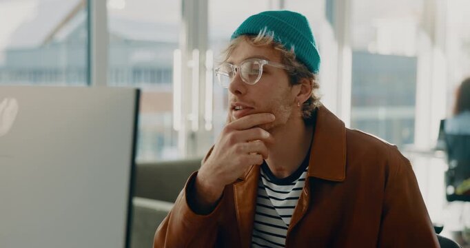 Thinking, computer and idea with business man in office for web designer, planning and reflection. Homepage layout, vision and creative with frontend developer or person in tech startup for update