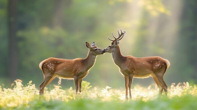 Fototapeta Two red deer cervus elaphus standing close together and touching noses in the forest in nature in summer A pair of wild animals look at each other in the forest. Deer and deer smell in the wilderness.