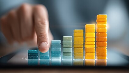 Hand interacts with a rising colorful bar graph on a tablet