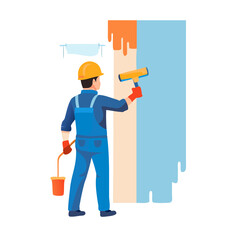 Painter in uniform is painting the wall with roller