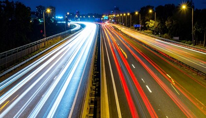 Streaks of light from moving vehicles illuminate a multi-lane highway at night, showcasing the flow of traffic and urban energy.