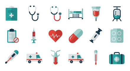 Fototapeta premium Medical equipment and healthcare icons set featuring flat design