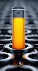 Glass test tube with yellow liquid rests on metallic rings