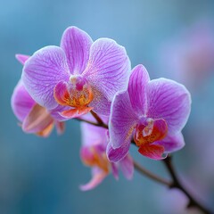 Two pink orchids bloom on a stem against a blurred blue-green background