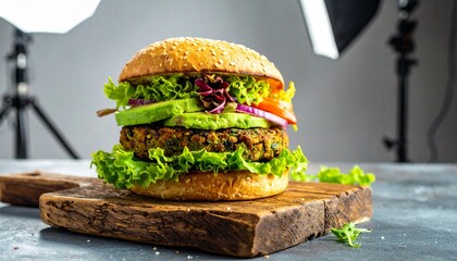 A freshly prepared plant-based burger featuring avocado, lettuce, and a veggie patty, professionally photographed in a studio setting.