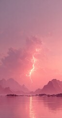 Pink sunset over calm water, lightning striking