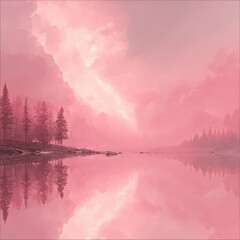 Pink-hued mountain lake scene, calm waters reflecting a hazy sky and light beam