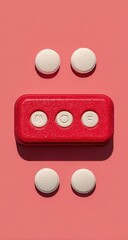 Red container with three pills sits atop a pink background, flanked by four additional pills