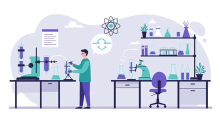 Modern laboratory scene with scientist conducting experiment in flat style