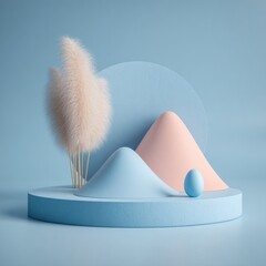 Pastel hills and pampas grass on a platform against a light blue background