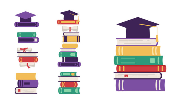 Colorful book stack with graduation cap and diplomas in modern flat design