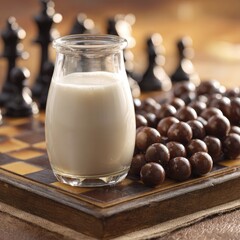 Milk in glass beside chocolate balls on chessboard