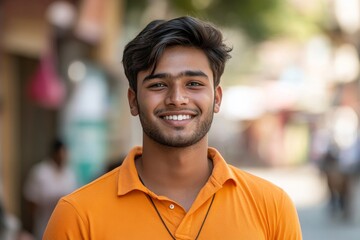 Portrait of a young Indian man, face standing outside on the street wearing an orange shirt and smiling at the camera, displaying confidence and positivity in a casual setting, Generative AI