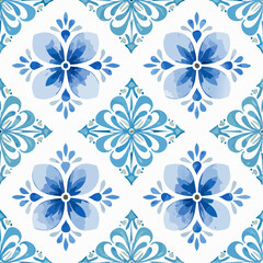 Beautiful vector seamless pattern with watercolor hand drawn blue dutch style tiles