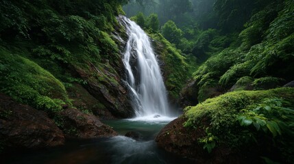 Fototapeta premium Cascading Serenity: Witness nature's majesty as a pristine waterfall plunges into a tranquil pool. Lush greenery envelops the scene, inviting viewers to revel in the peace. 