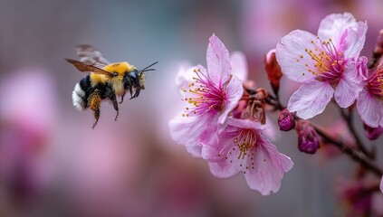 A bee in flight approaches pink blossoms